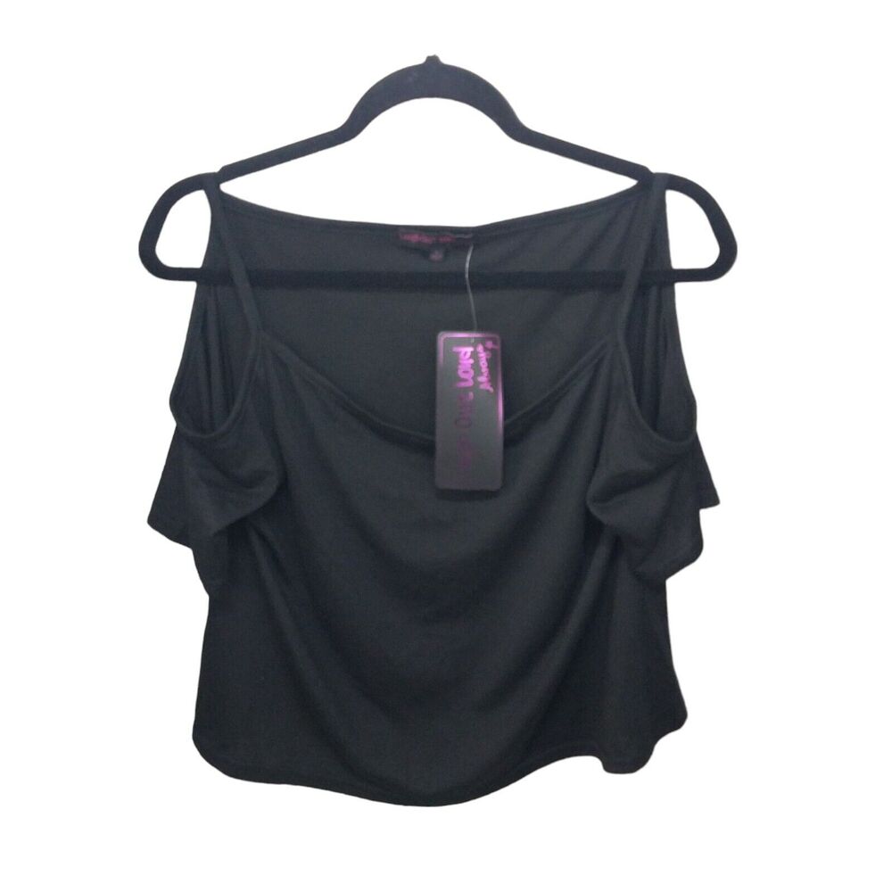 Laugh Out Loud Womens Sz L Black Solid Short Sleeve Cold Shoulder Blouse